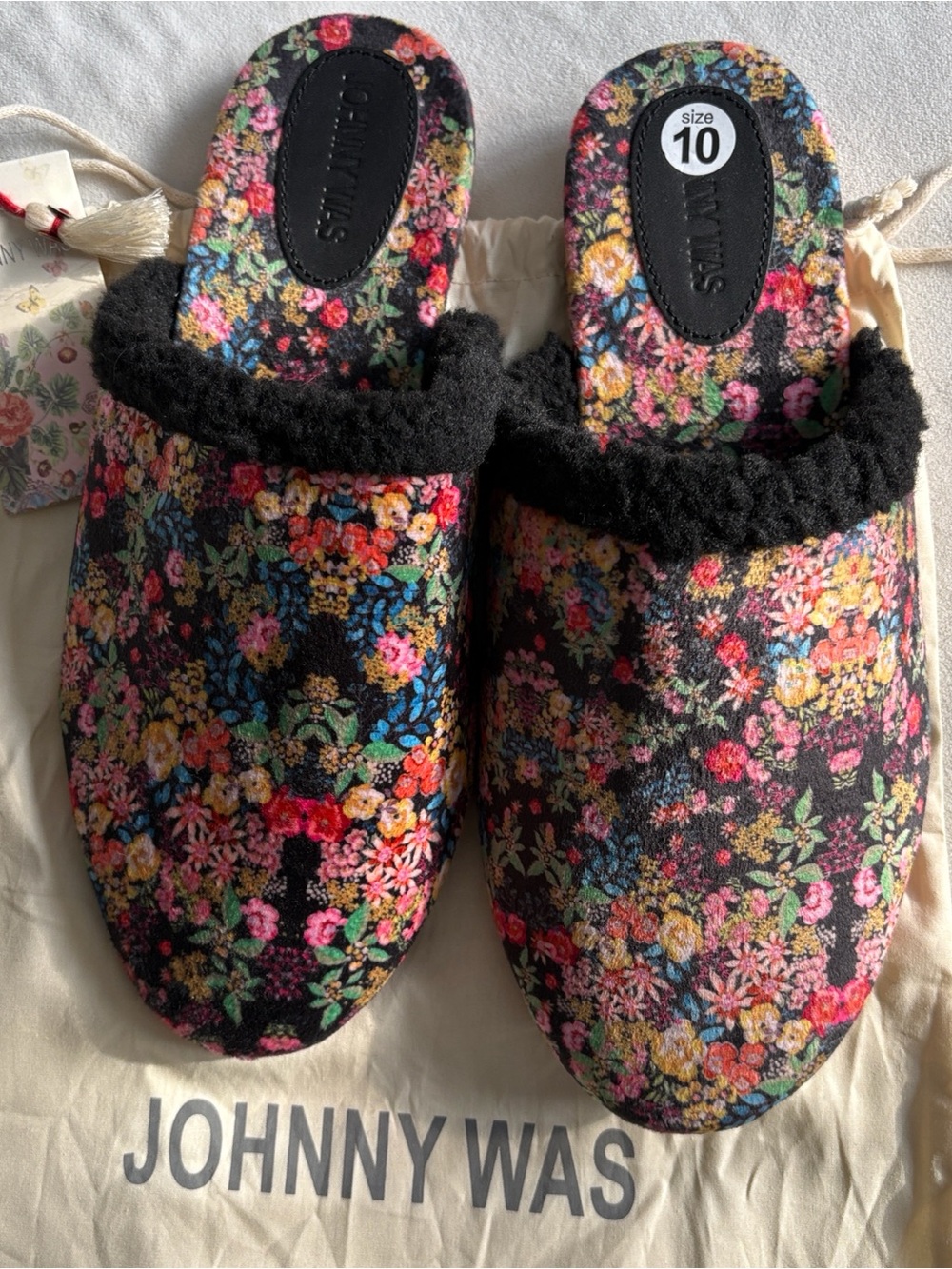 Johnny Was Black Multicolor Floral Sherpa-Lined Slip-On Slippers